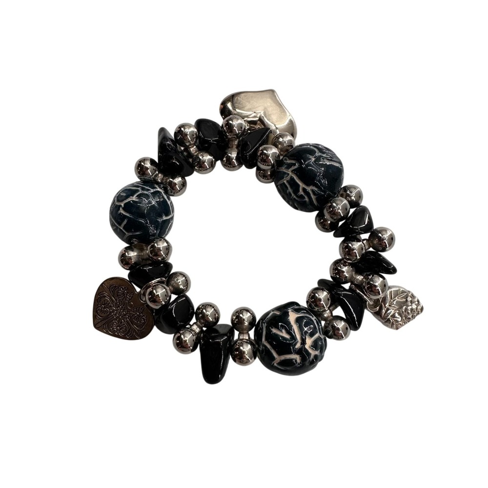 Handcrafted Silver & Blue Bead Charm‎ Bracelet Stretch Heart Accents Chunky a